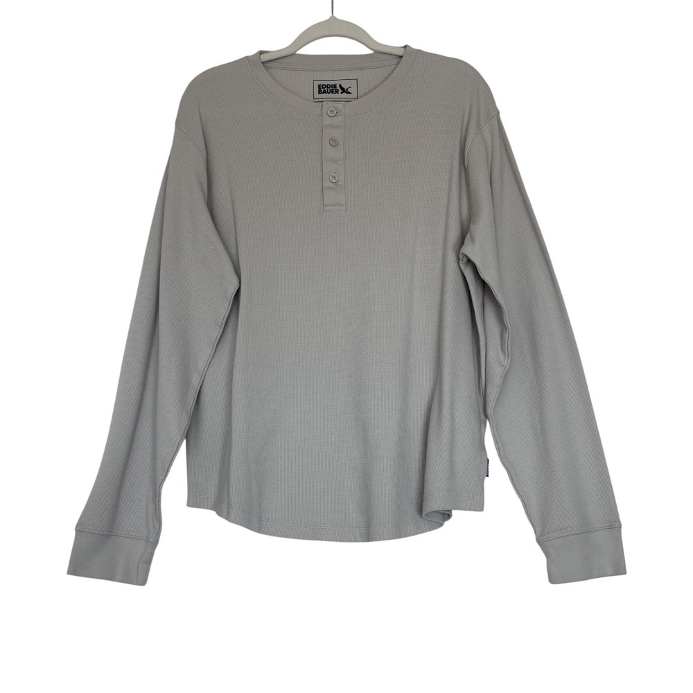 Eddie Bauer Mens XL Long Sleeve Henley Waffle Knit Thermal Shirt Gray